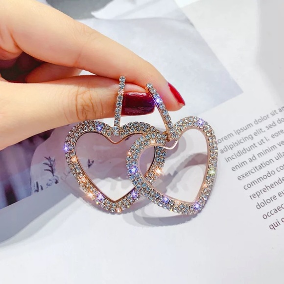 Big Silver Rhinestone Heart  Earrings - Picture 2 of 4